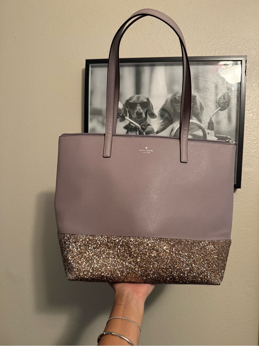 kate spade dusty lavender tote with glittered gold base